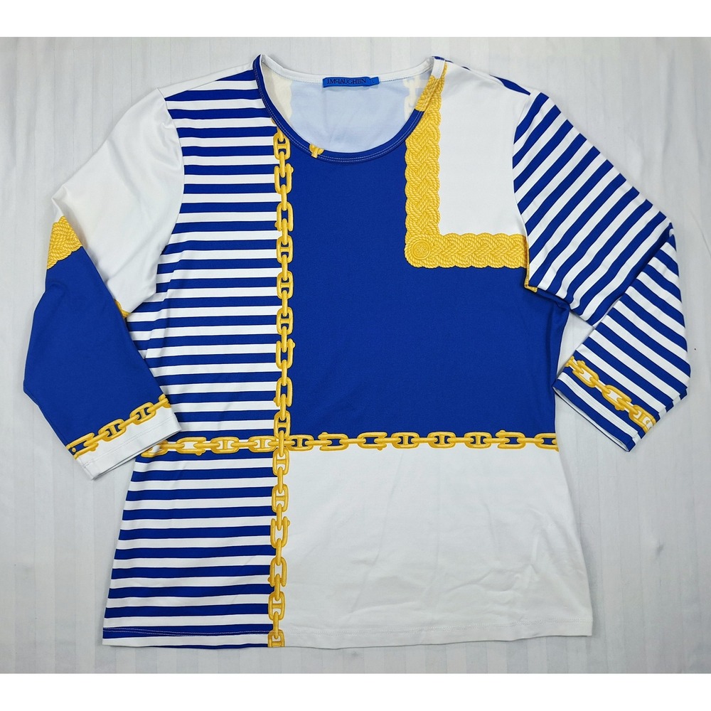J.McLaughlin Womens Blue White Nautical Stripe Chain Print 3/4 Sleeve Top Size L